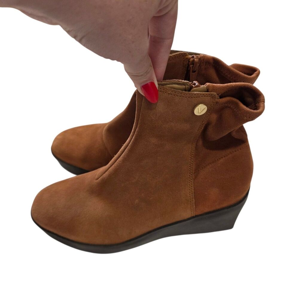 Vionic Skylar Suede Wedge Ankle Boots Brown Side Zip Comfort Wide 8 W